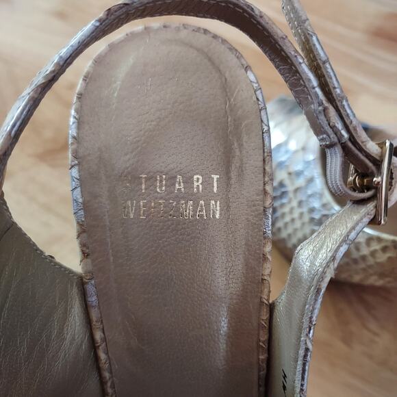 Stuart Weitzman Snakeskin Peep Toe Slingback Wood Platform 5" Pump Heels Sz 7.5 - Picture 7 of 10
